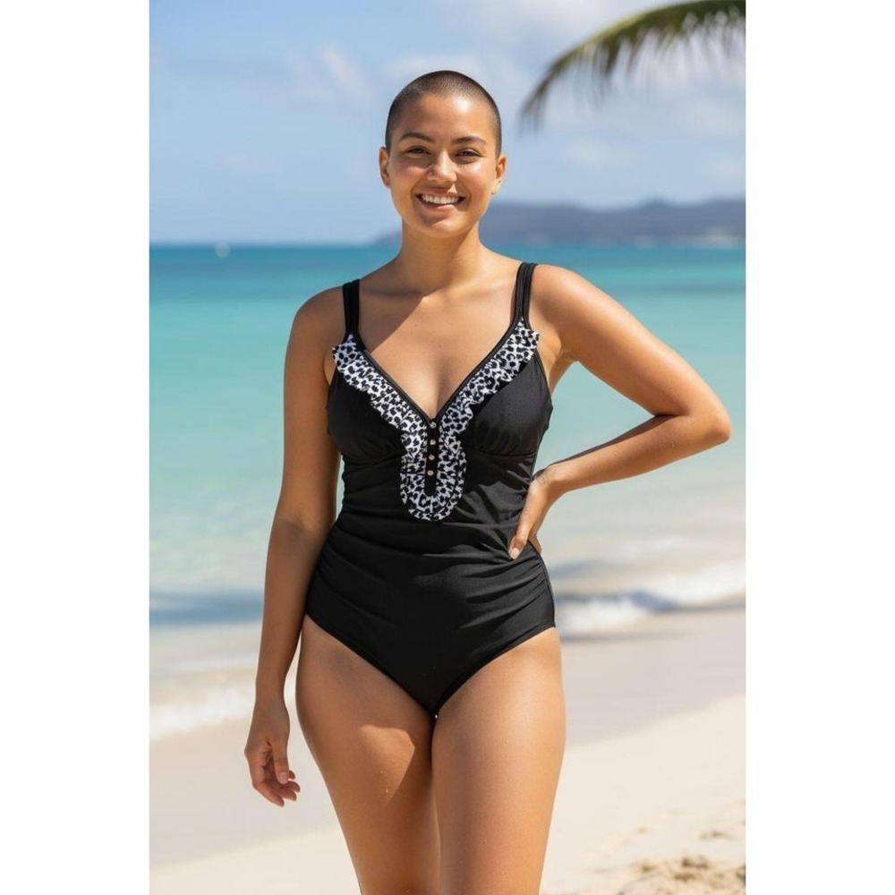 Elisabeth Stewart Womens Black Animal Print Ruffle One Piece Swimsuit Size 16